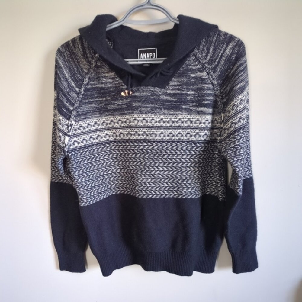 Anapo Women's Navy Wool Blend Textured Pattern Knit Hoodie Size Medium